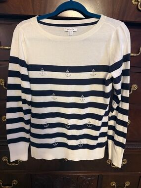 Nautica White and Navy Striped Crewneck Sweater